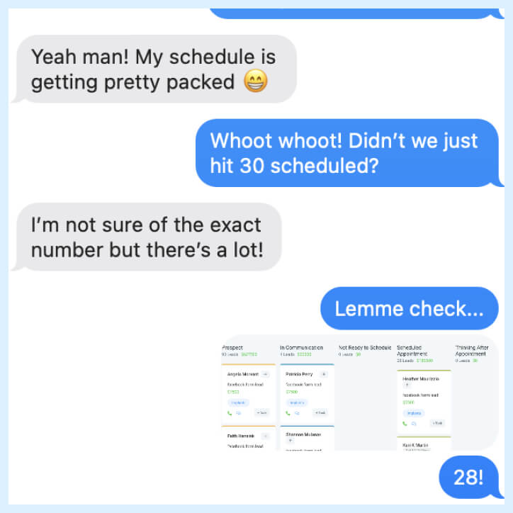 A text thread showing 28 schedules for one of our clients