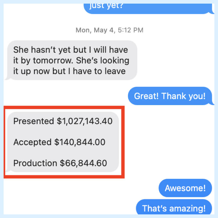 A text thread showing $1M in presented treatment, $140K in accepted treatment, and $66K in Production from a client