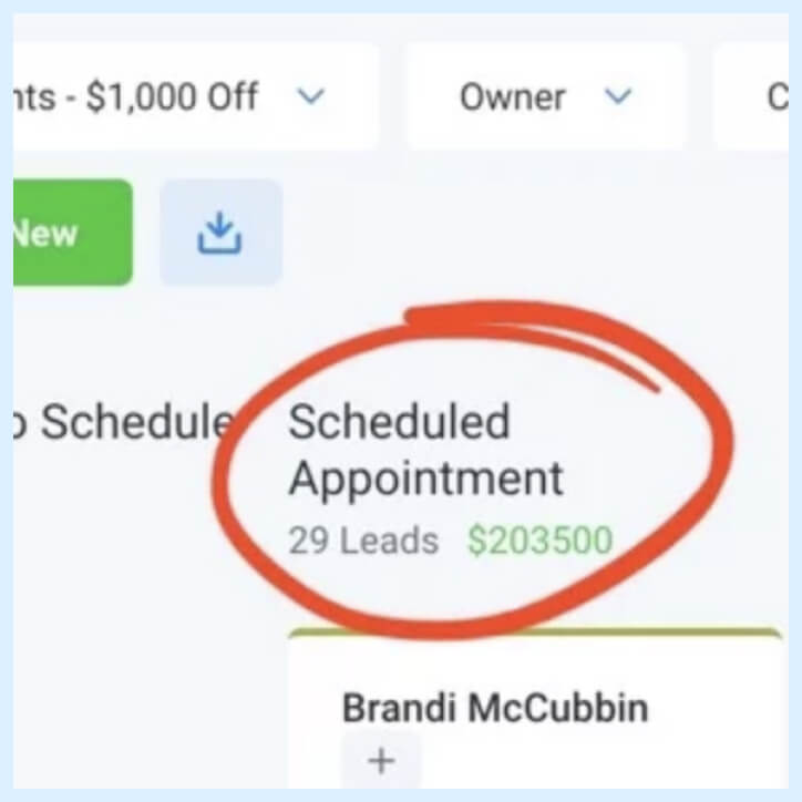 A screenshot from a pipeline with 29 scheduled appointments