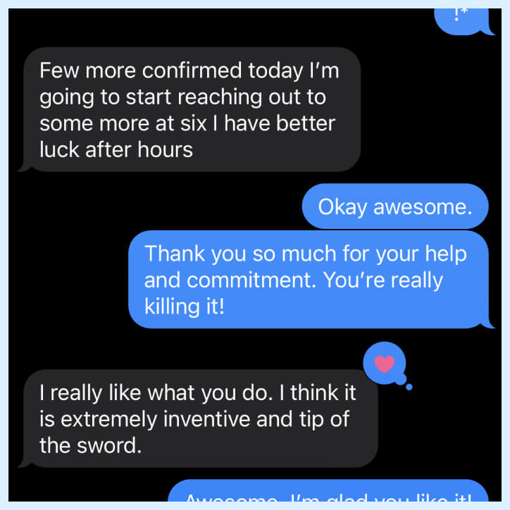 A text thread showing confirmed leads from a client